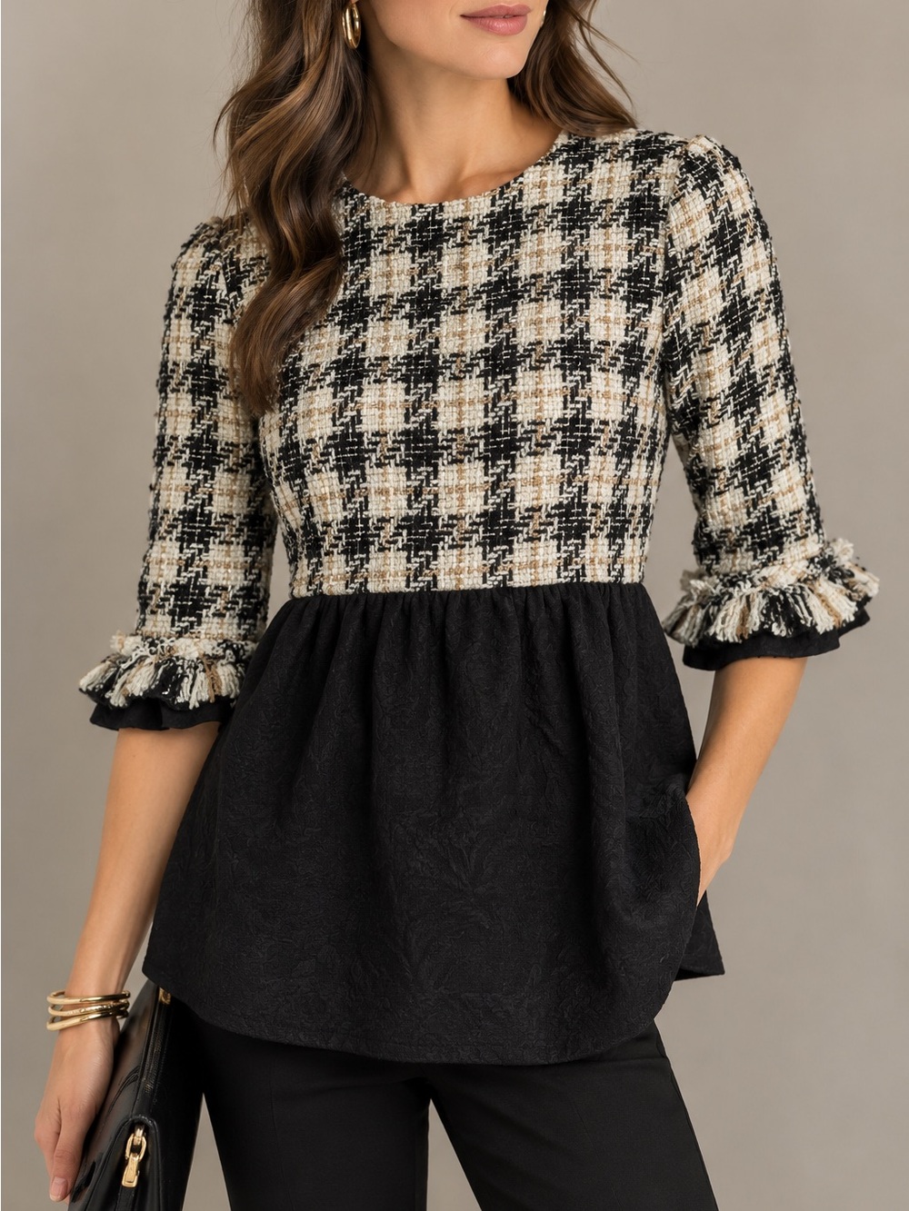 Zara Basic Tweed Houndstooth Peplum Blouse Shirt